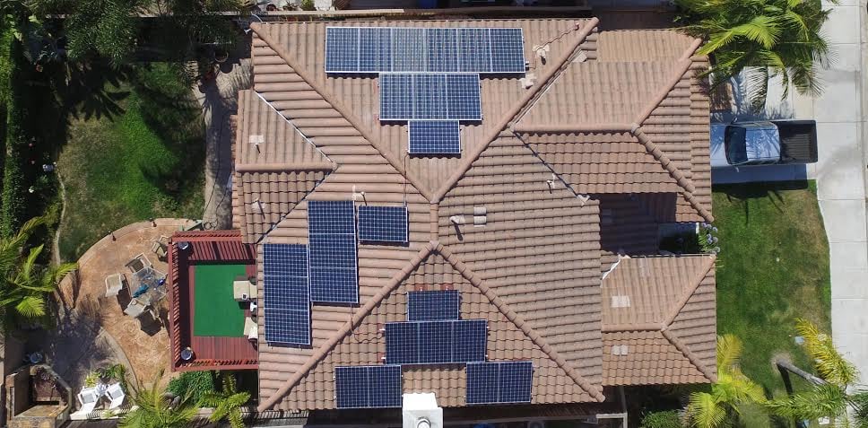 Overhead view of a rooftop solar array