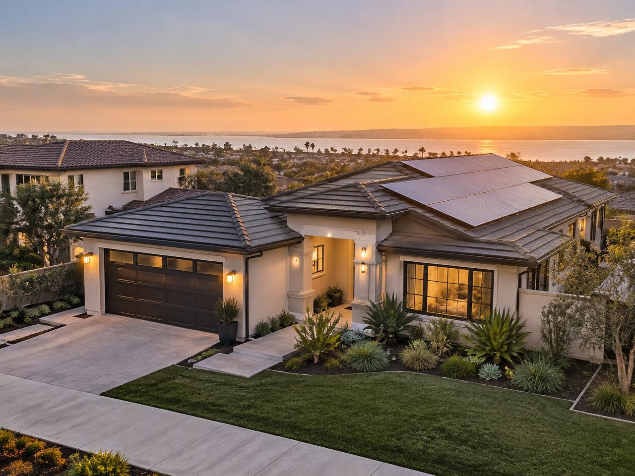 San Diego residential home with rooftop solar panels at golden hour
