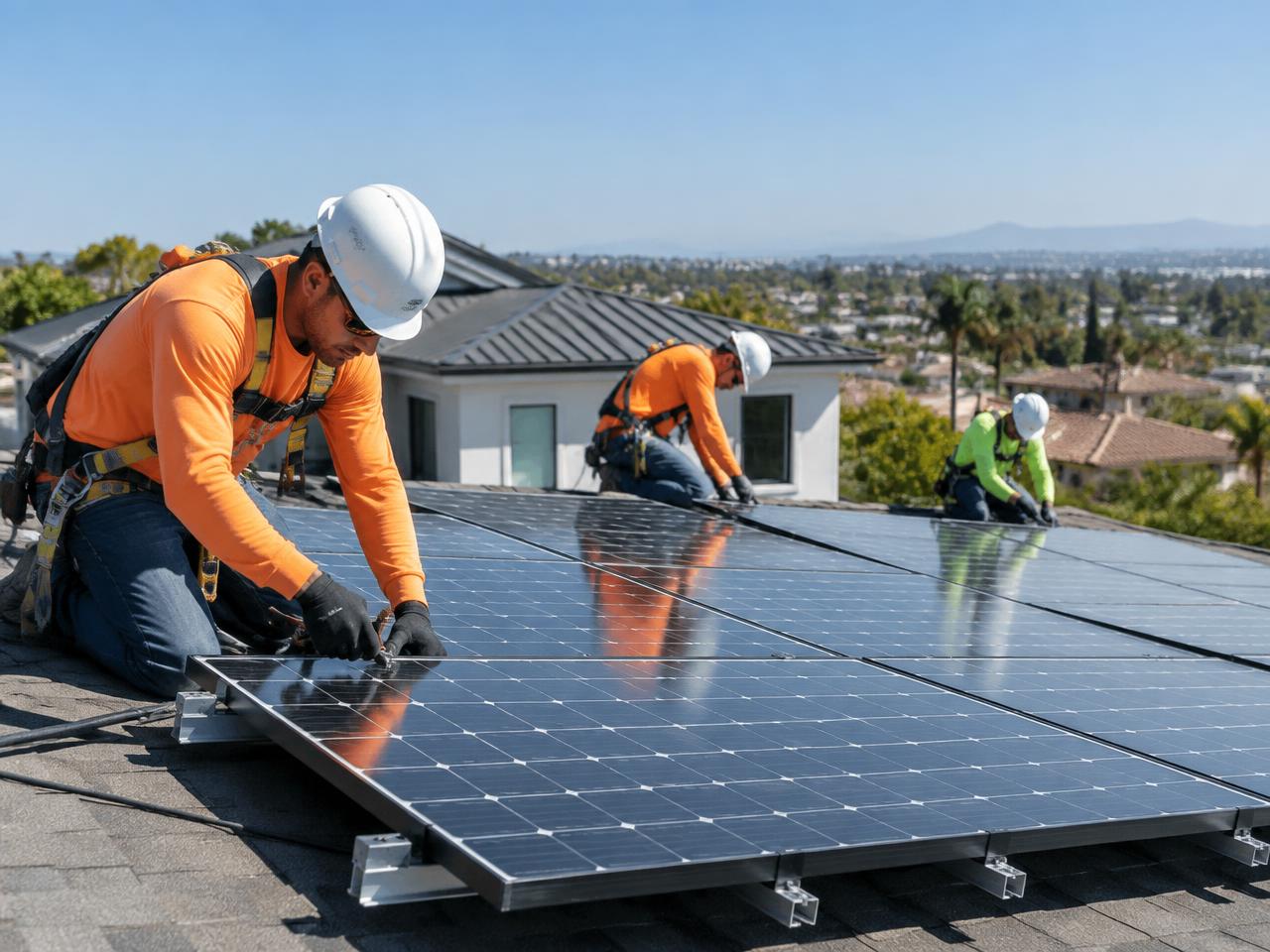 Solar installers mounting solar panels on the roof of a modern San Diego home