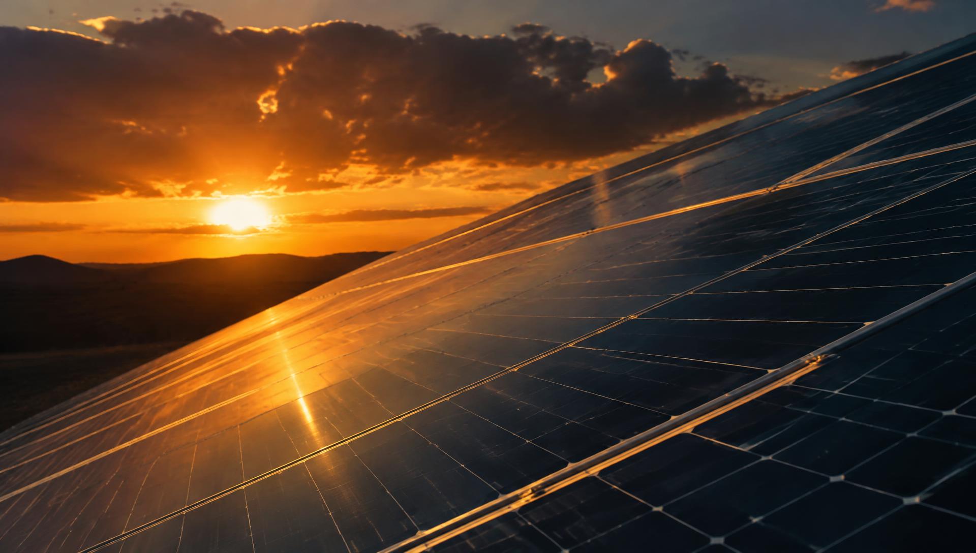 Solar panels catching golden sunset light