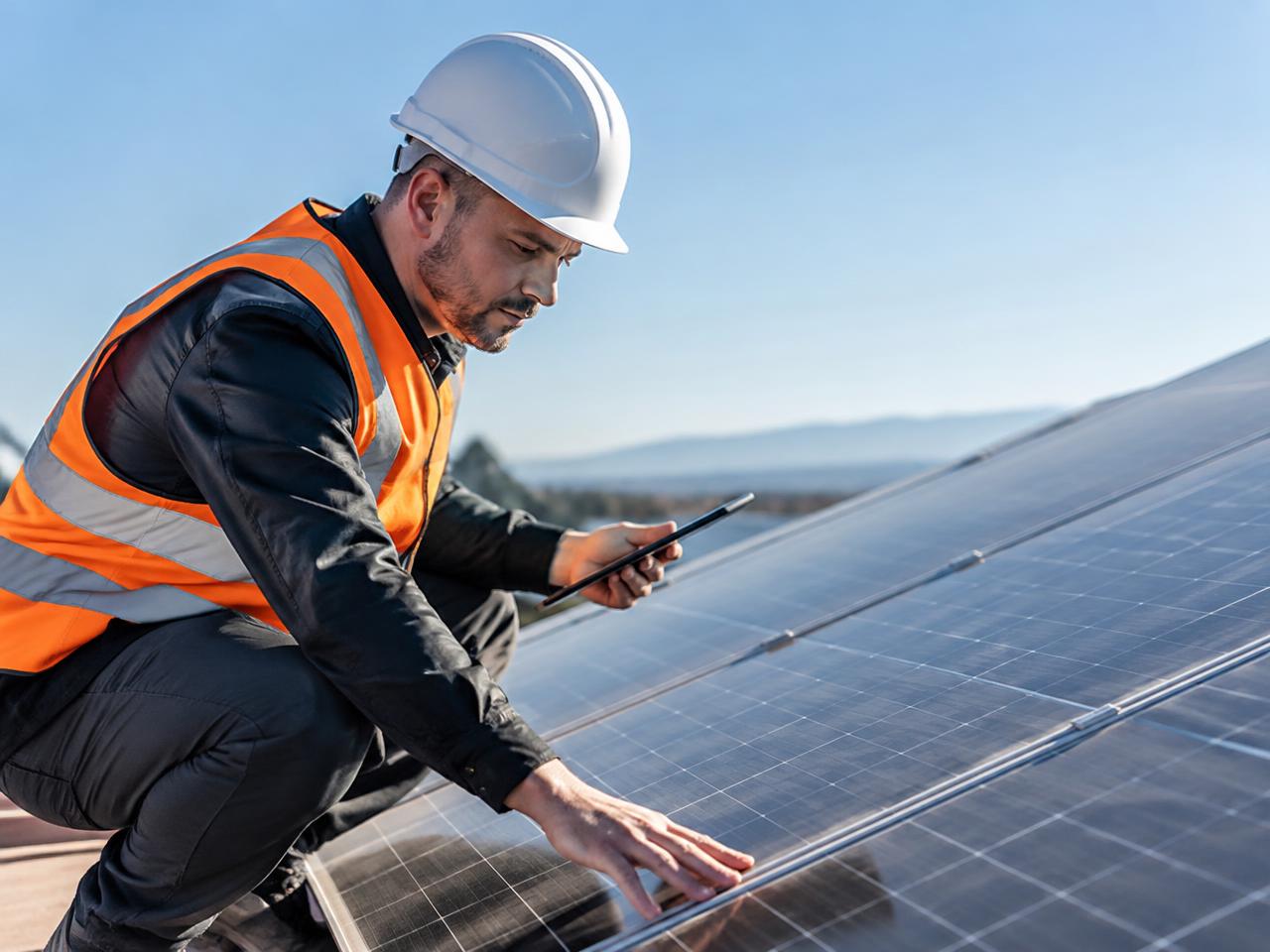 Solar technician inspecting rooftop solar panels with a tablet